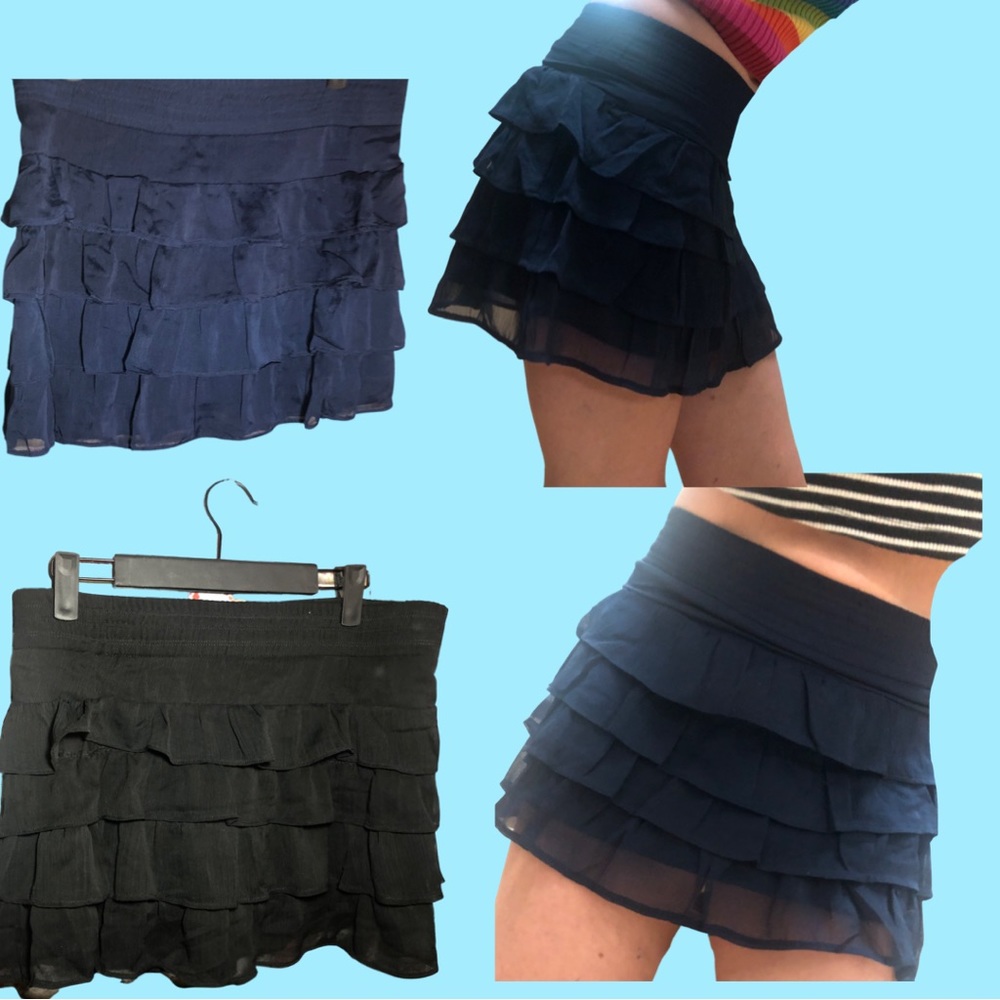 New M or Lg Black Blu Ruffle Tiered Skirts Tutu Style Layered Chiffon Mini Skirt